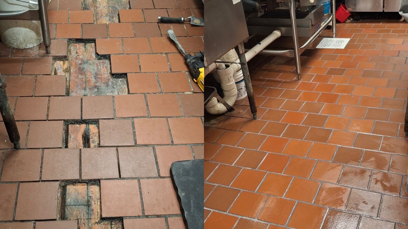 Restaurant kitchen tile repair – Before & After