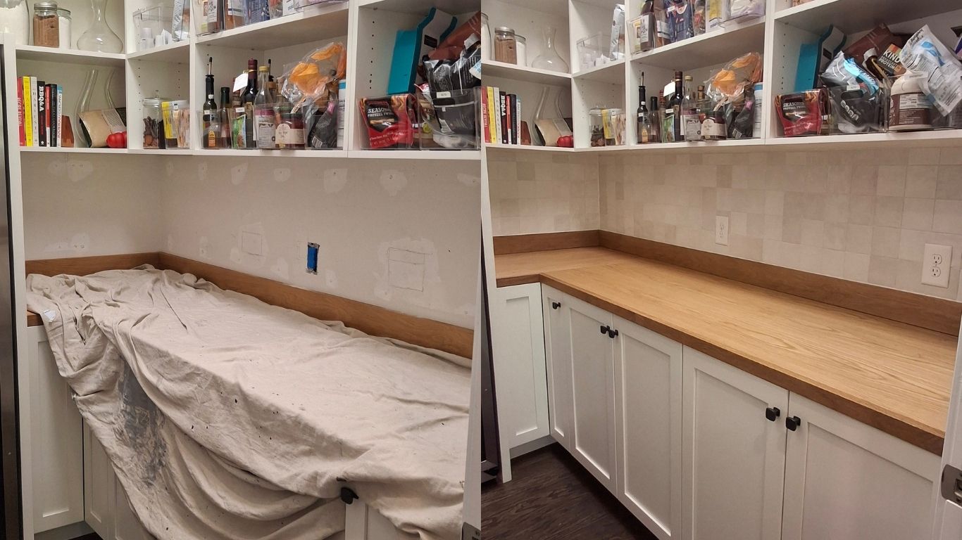 Pantry backsplash tile installation – Before & After