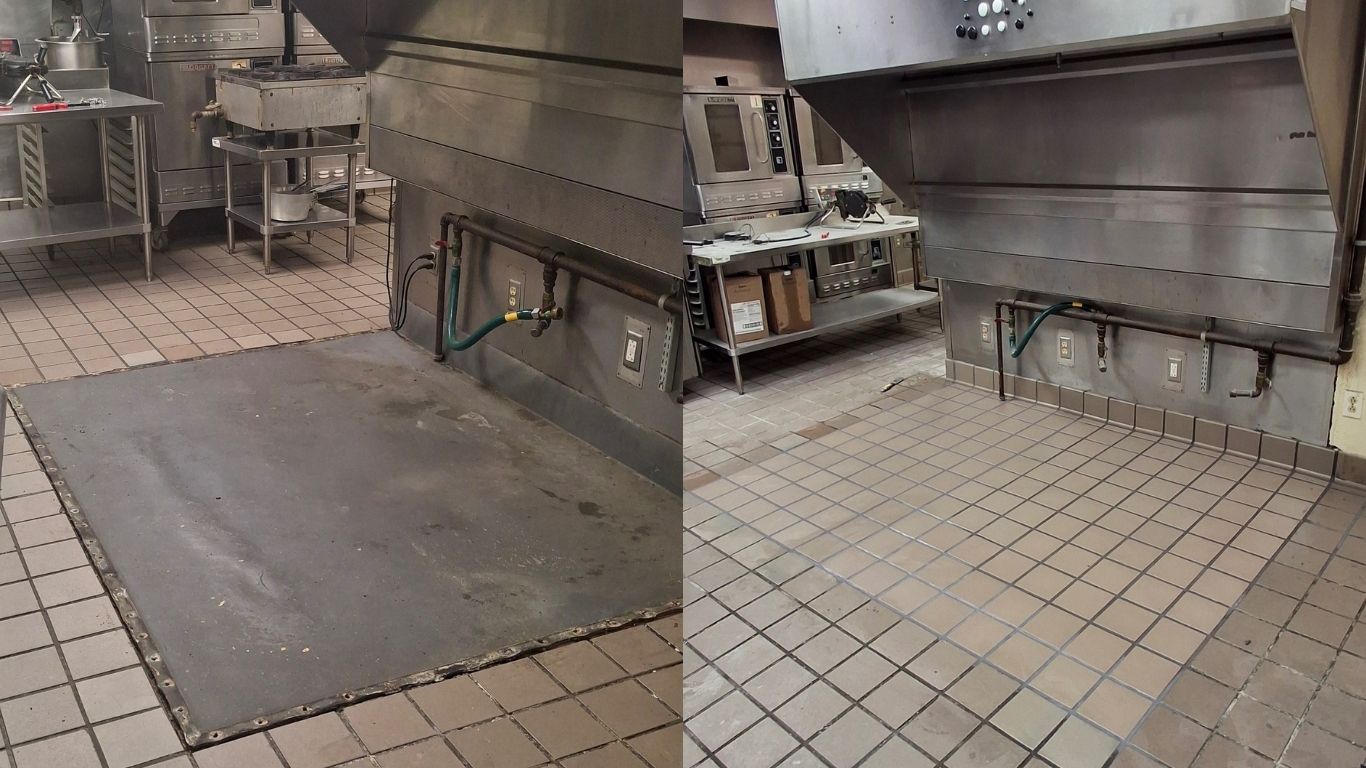 Restaurant kitchen floor tiling – Before & After