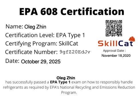 EPA 608 Type 1 Certificate for Oleg Zhin