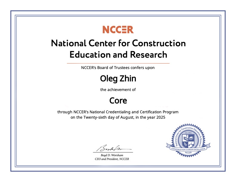 NCCER Core Construction Course Certificate for Oleg Zhin
