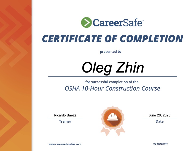 OSHA 10-Hour Construction Course Certificate for Oleg Zhin